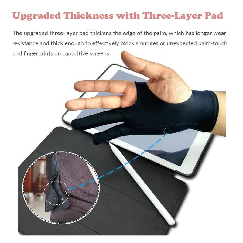 Drawing Glove, 3-Layer Palm Rejection Digital Art Glove for Graphic Tablet, Artist Gloves with Two Fingers for iPad, Paper Sketching, Smudge Guard (2 PCS, Lager)