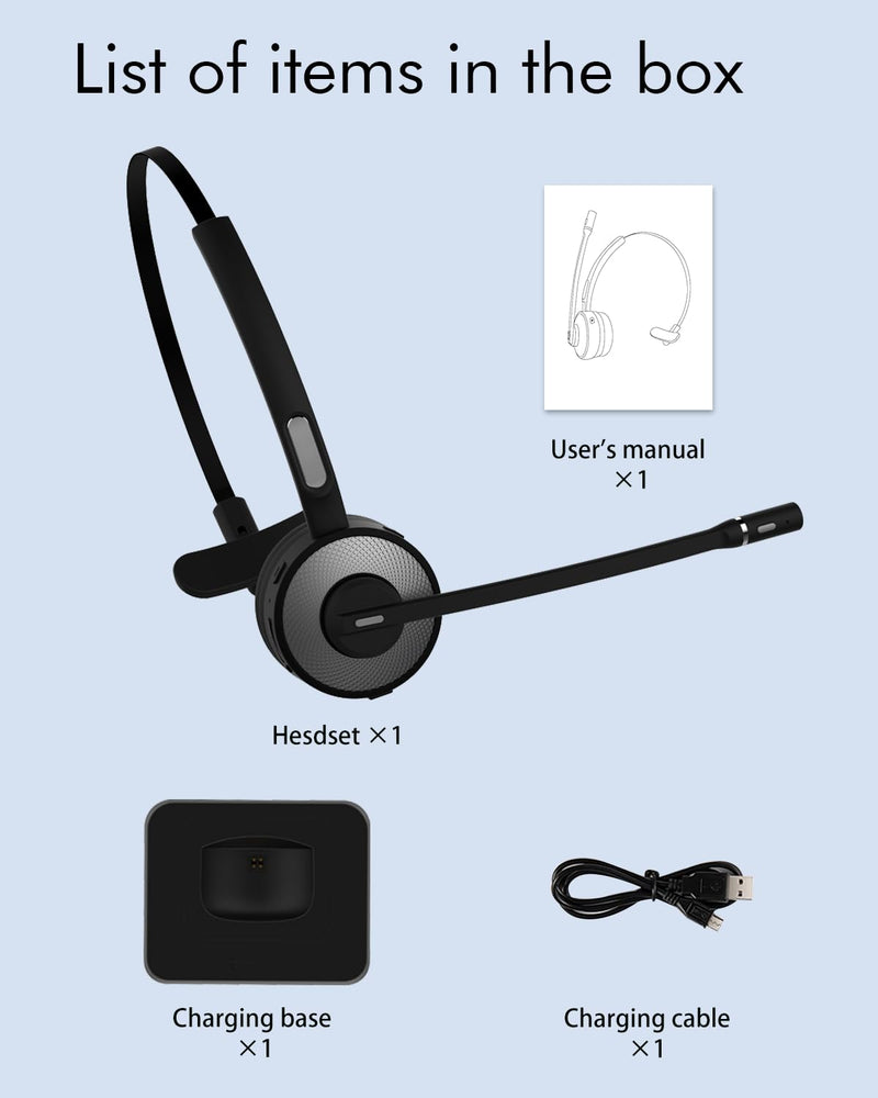 HUAKUA Bluetooth Headset with Microphone, Single Ear Trucker Headset Noise Cancelling Wireless Headset with Mute Function Clear Sound for Cell Phones PC Laptop Home Office (Headset)