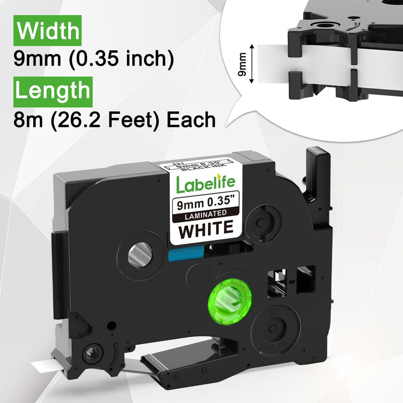 [AUSTRALIA] - Labelife 5-Pack TZe-221 Label Tape TZe TZ Tape 9mm 0.35 Laminated White Label Tape Replace for Brother P Touch 9mm Label Maker Tape TZe221 for Brother PT-D210 PT-D220 PT-D200 PT-H110 PT-D400 PT-D610BT 9mm 0.35 inch 