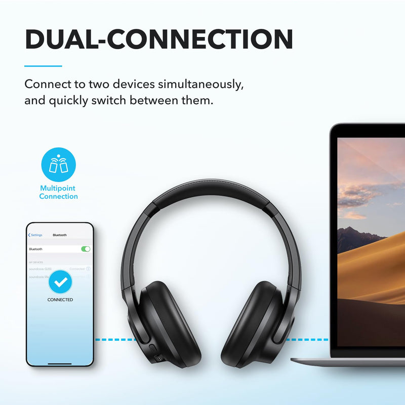 Soundcore by Anker Q20i Hybrid Active Noise Cancelling Headphones, Wireless Over-Ear Bluetooth, 40H Long ANC Playtime, Hi-Res Audio, Big Bass, Customize via an App, Transparency Mode BLACK