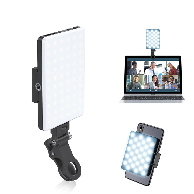 60 LED High Power Rechargeable Clip Fill Video Conference Light with Front & Back Clip, Adjusted 3 Light Modes for Phone, iPhone, Android, iPad, Laptop, for Makeup, TikTok, Selfie, Vlog 2000 Mah - Black
