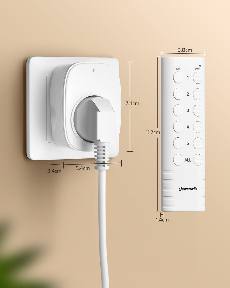 DEWENWILS Wireless Socket with Remote Control, 16 A 3680 W, Plug-In On/Off Socket Set 2V5, Expandable Radio Switch for Holiday Decoration and Home Devices, 30-50 m Range, Pre-Programmed, White 2-3680 watts