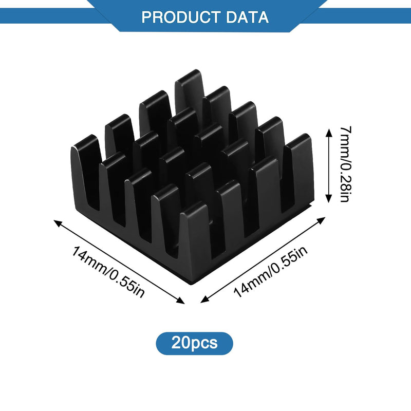 VooGenzek 20 Pieces Aluminium Heatsink, Cooler Fin Heatsink, Heatsink, Cooler, with Thermal Conductive Special Adhesive Film, for Cooling Electronic Components, 14 x 14 x 7 mm, Black Black - 14 x 14 x 7 mm - 20 pieces
