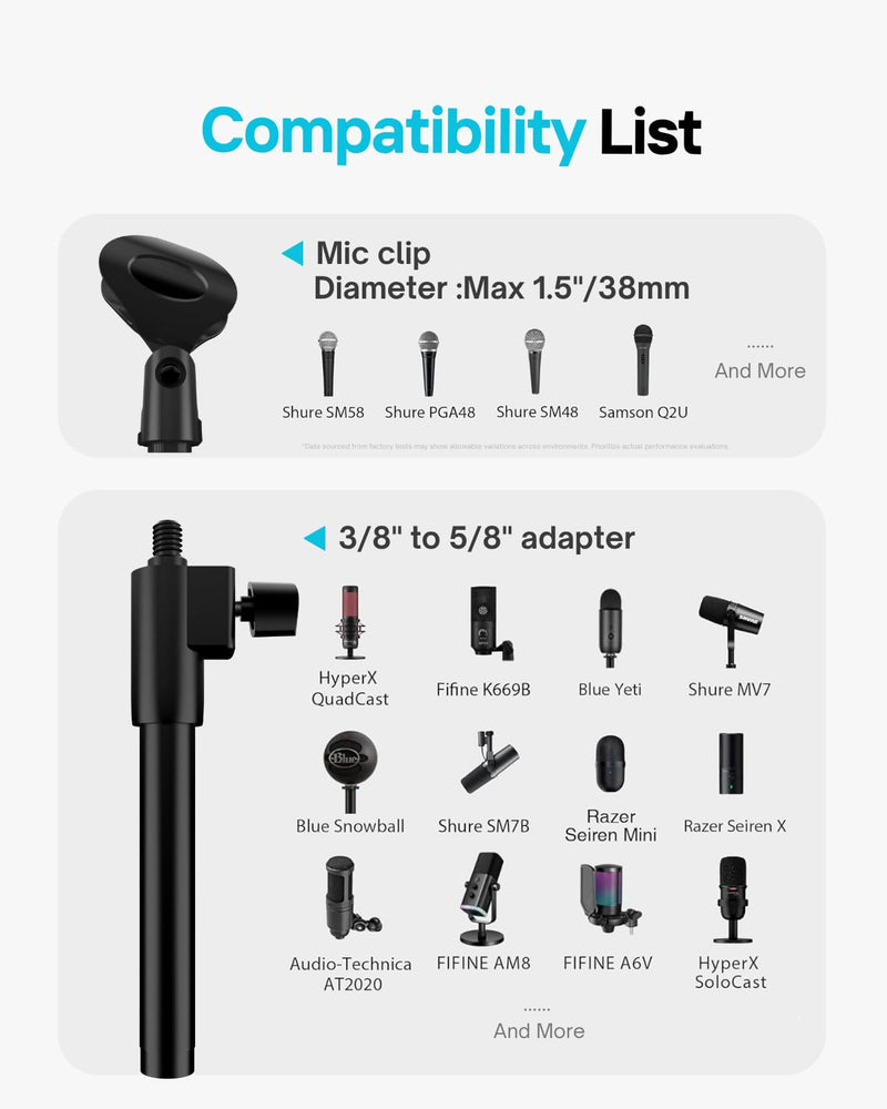 Desk Mic Stand with Multi Microphone Holder|Heavy Metal Base Anti-Tip Design|Adjustable Height Stand for Podcast&Studio|Holds 6 Mics|Clip & Mount Adapter for Shure SM57/SM58/SM7B,Blue Yeti,Fifine Mics