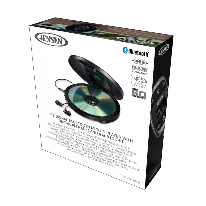 Jensen Portable CD Player Bluetooth 5.0 for Car with FM Transmitter, MP3 CD Playback, 60 Sec- Anti-Skip, Bass Boost, Rechargeable CD Player, Stereo Sport Earbuds (Matte Black)