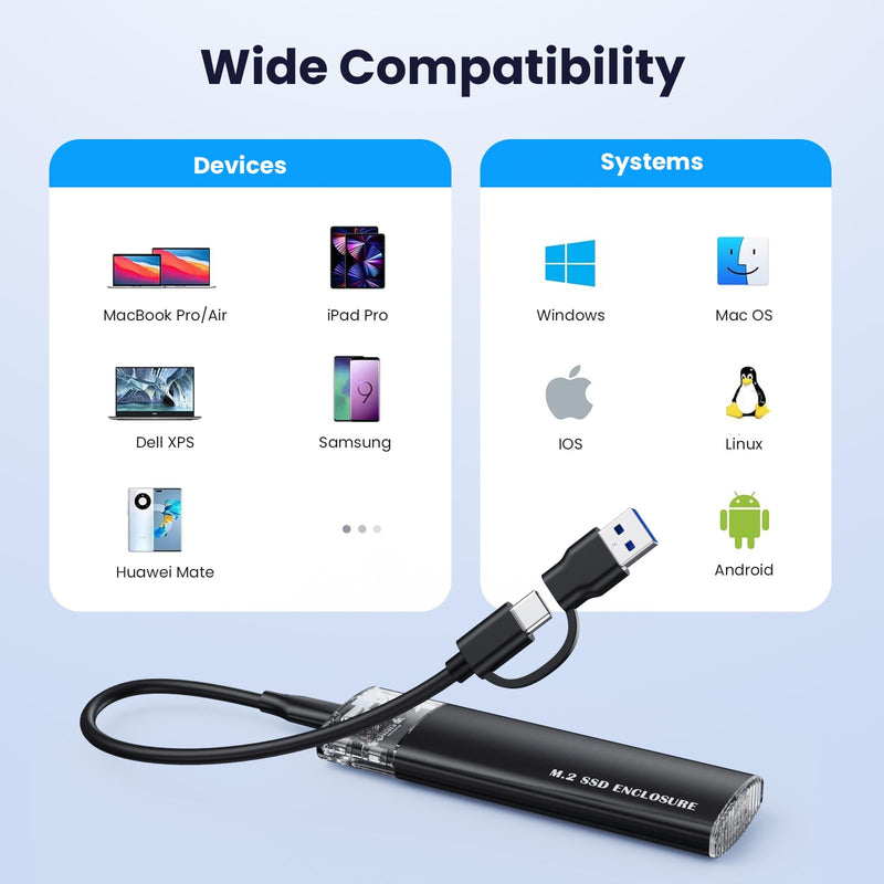 M.2 NVMe SATA SSD Enclosure, 10Gbps USB 3.1 GEN2 Support UASP Trim, Tool Free NVMe SATA SSD to USB-C Adapter Case for 2242/2260/2280