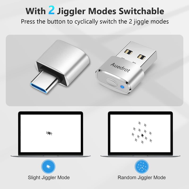 Mouse Jiggler Undetectable Metal USB Mouse Mover with Switch Button, Automatic Mini Mouse Shaker with 2 Jiggle Modes, Driver-Free, Plug-and-Play Keep Computer/Laptop Awake, with Type-C Adapter, Silver
