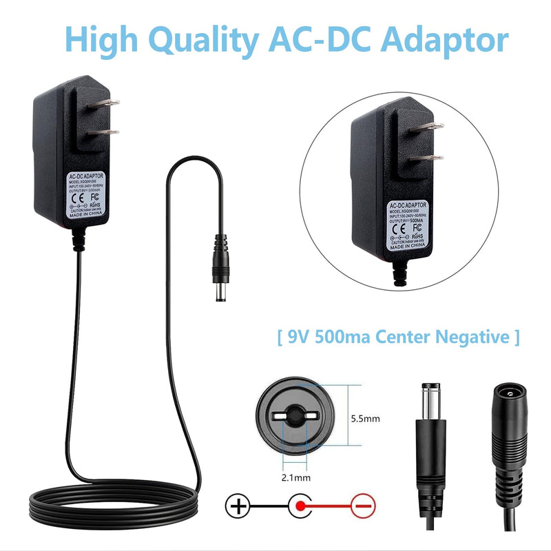Rockhouse 9V Power Supply for Guitar Pedals, AC DC Adapter for Most Musical Instruments, 500mA, Center Negative