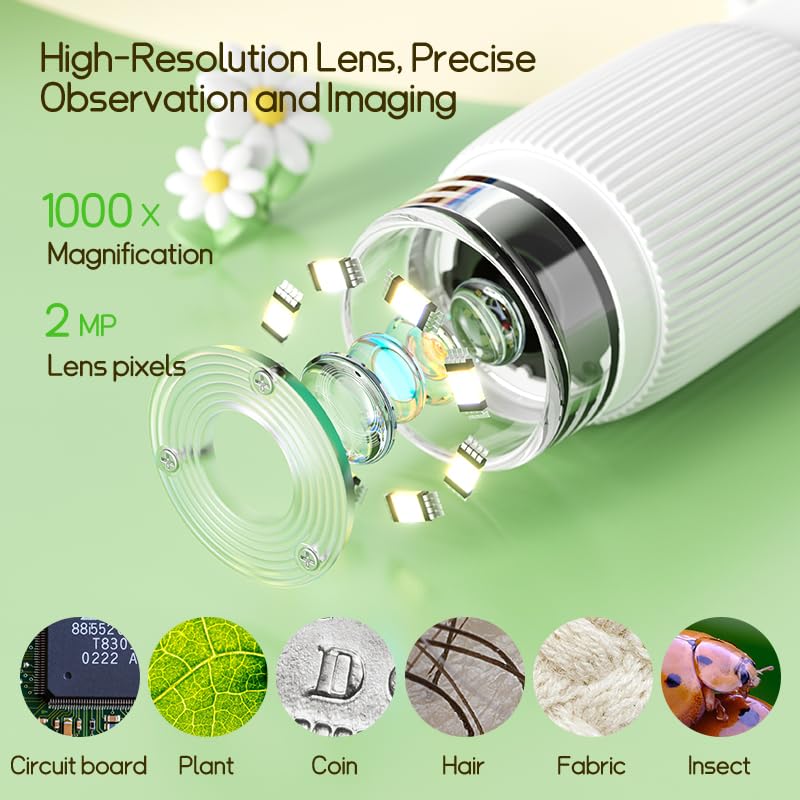 Kids Microscope with 50X-1000X Zoom, Lightweight Wonder Quest Microscope for Kids to Explore Nature, Handheld Microscope with 2" Screen for School and Outdoor Travel （White） white