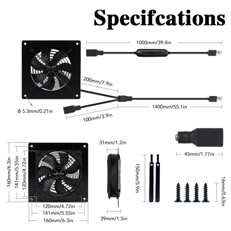 6-Inch (120mm) Silent USB/DC Cooling Fan - 5V/12V Dual Voltage, 6-Speed Adjustment & Timed Cycle Switch, Ideal for Home Theater AV Cabinets, Server Racks, RVs, Greenhouses & Pet Nests