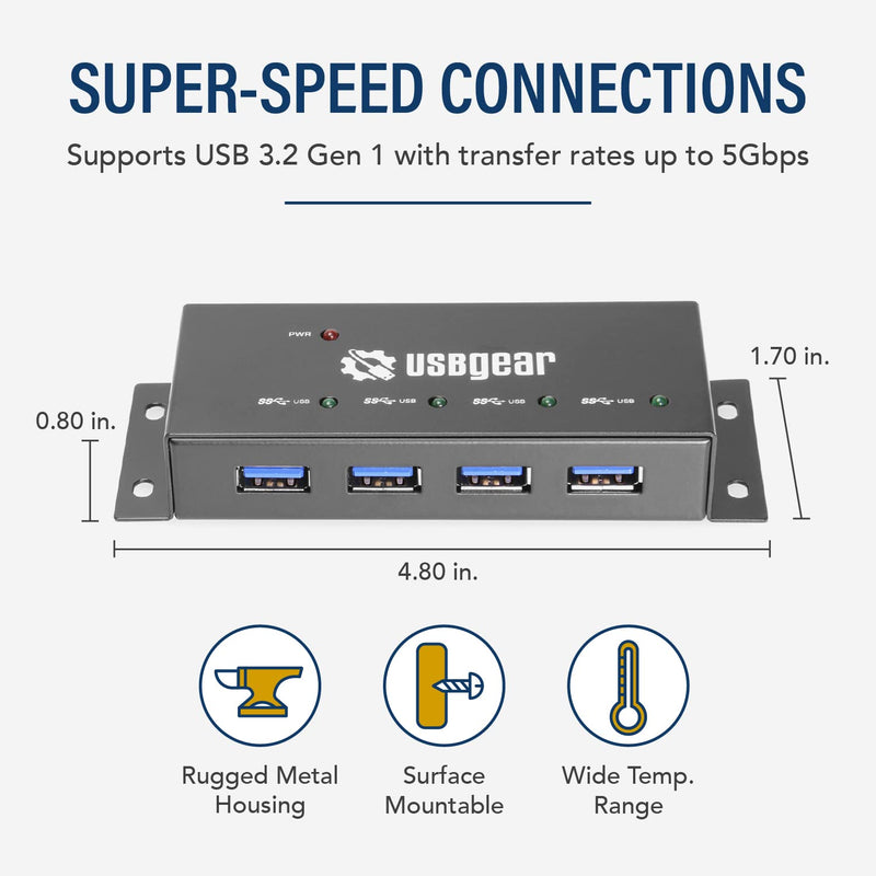 USBGear Compact 4-Port USB Hub, USB 3.2 Gen 1 Data High-Power Hub w/Power Adapter, Port Status LEDs, 5 Gbps Data, Surface Mountable