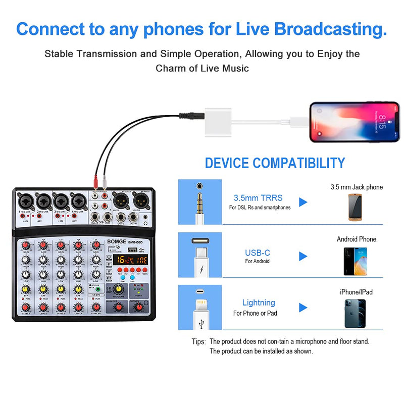 [AUSTRALIA] - BOMGE 6 Channel Audio Sound Mixer - Professional Digital DJ Mixing Console for Live Streaming, Karaoke and Stereo Recording - With PC Computer Record Playback/Bluetooth/MP3/USB/48V /16 DSP Echo Black 