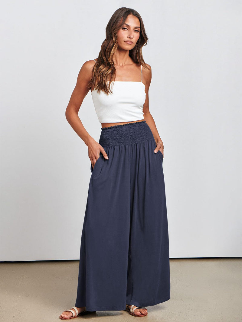 ANRABESS Women Palazzo Pants Summer Boho Bagyy Wide Leg High Smocked Waist Casual Loose Lounge Pant with Pocket X-Large Deep Blue