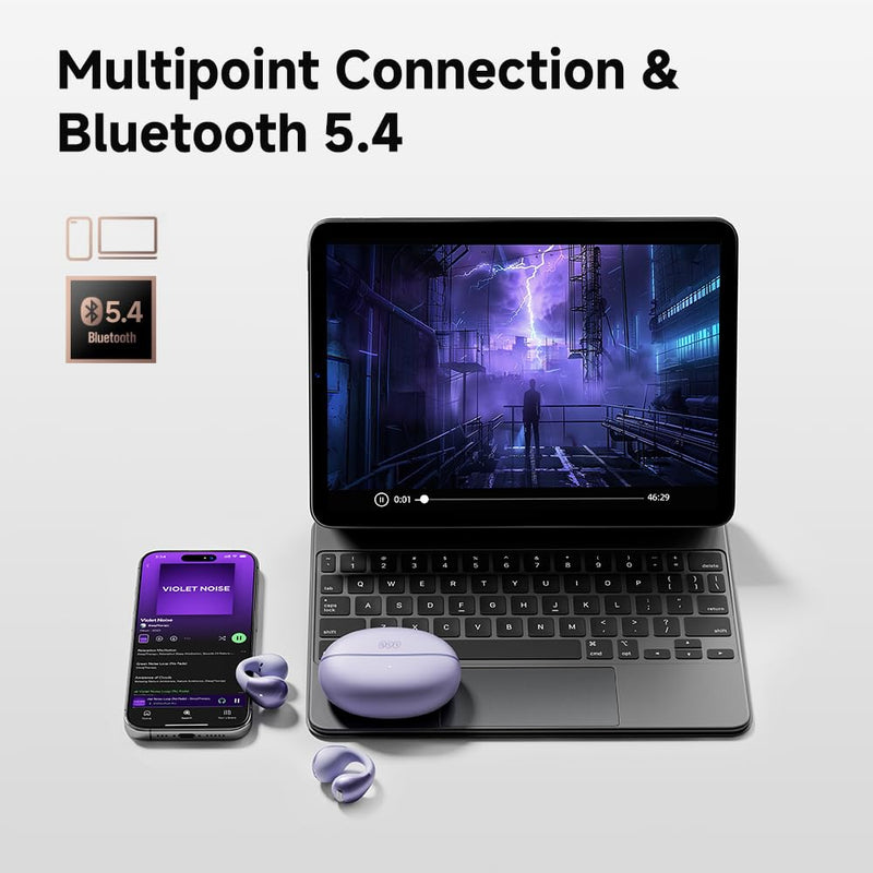 QCY Crossky C30 Open Ear Headphones Wireless Bluetooth, Clip-On Earbuds with 4 ENC Noise Cancelling Mic, Stable Fit, Dual Connection, EQ Customized, Sports Earphones for Workout/Running Purple