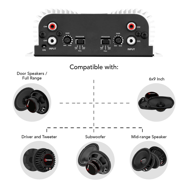 Taramps TS 400x4 400 watts RMS 4 Channels Full Range Car Audio Amplifier, 2 Bridged Channels, RCA Input Class D, Output Power, Multichannel Amplifier System, Small - TS400X4 | Bridgeable outputs, built-in HPF/LPF crossovers and RCA inputs provide flexi...
