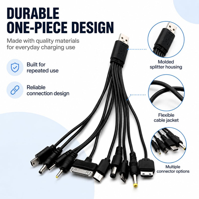 10-in-1 USB Charging Cable Adapter, Multi-Device Universal Charger with 10 Ports, Compatible with Phones, Tablets, Speakers, MP3/MP4 Players