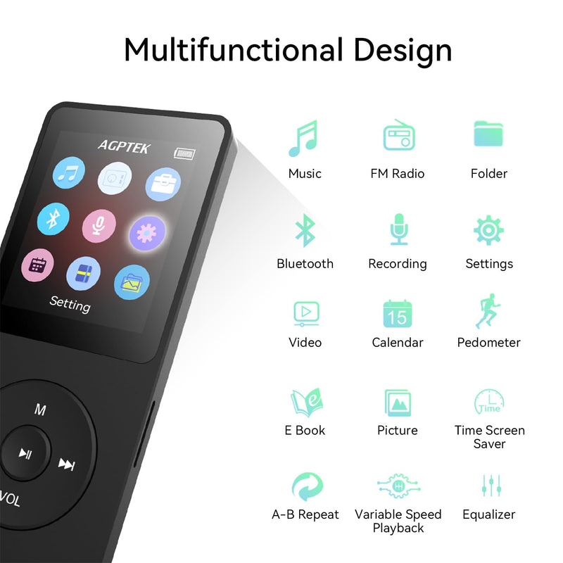 AGPTEK A02X 32GB MP3 Player with Bluetooth 5.3, 1.8 inch Screen Portable Music Player with Speaker, FM Radio, Voice Recorder, Supports Expanded Up to 128GB Black