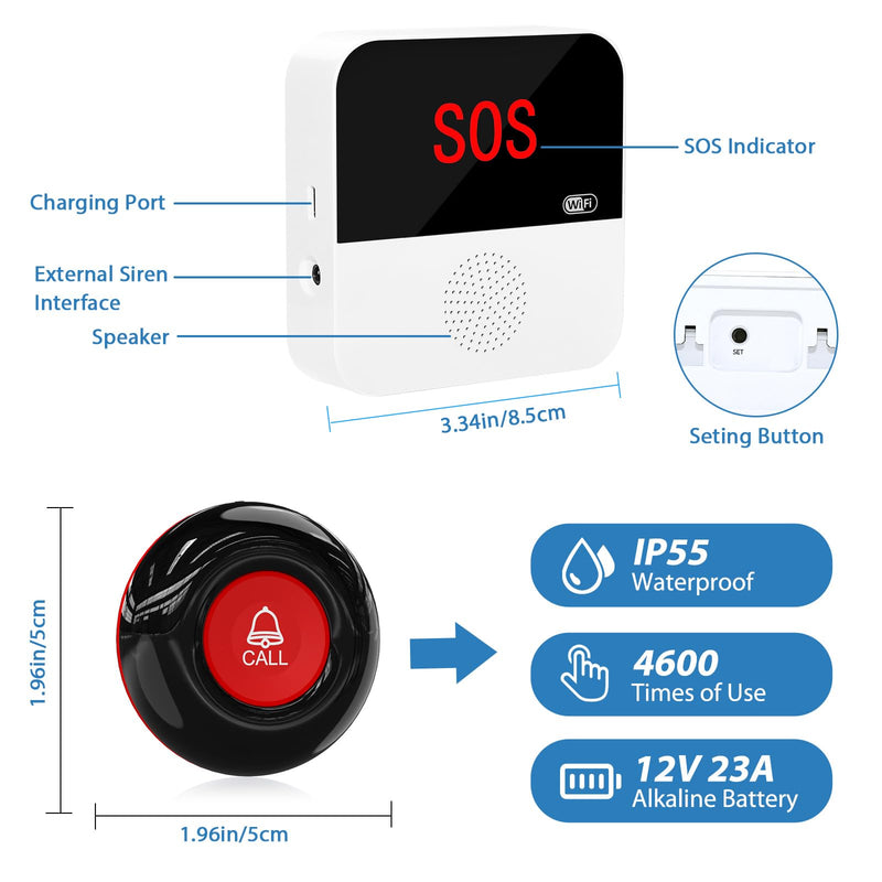 WiFi Smart Wireless Caregiver Pager Call Button Emergency Alert System Life Alert Button for Elderly Patient Seniors Disabled 1 SOS Panic Button 1 Receiver(Only Supports 2.4GHz & No Monthly Fee) 1 Button & 1 Receiver
