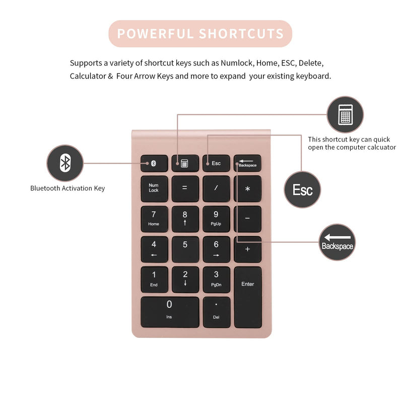 Bluetooth Number Pad, 22 Keys Number Keypad with Shortcut Key, 10Keys Portable Financial Accounting Wireless Number Pad, Bluetooth 5.0 Numeric Keyboard for Laptop, PC, Desktop, Pad(Rose Gold)