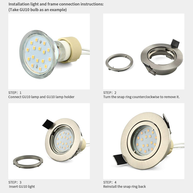 KYOTECH Set of 6 Recessed Light Frames, Recessed Spotlight Set - Mounting Frames in Brushed Aluminium Including GU10 sockets - Mounting Frames for GU10 Bulbs and LED Modules Brushed Nickel Schwenkbar,Aussendurchmesser 82mm