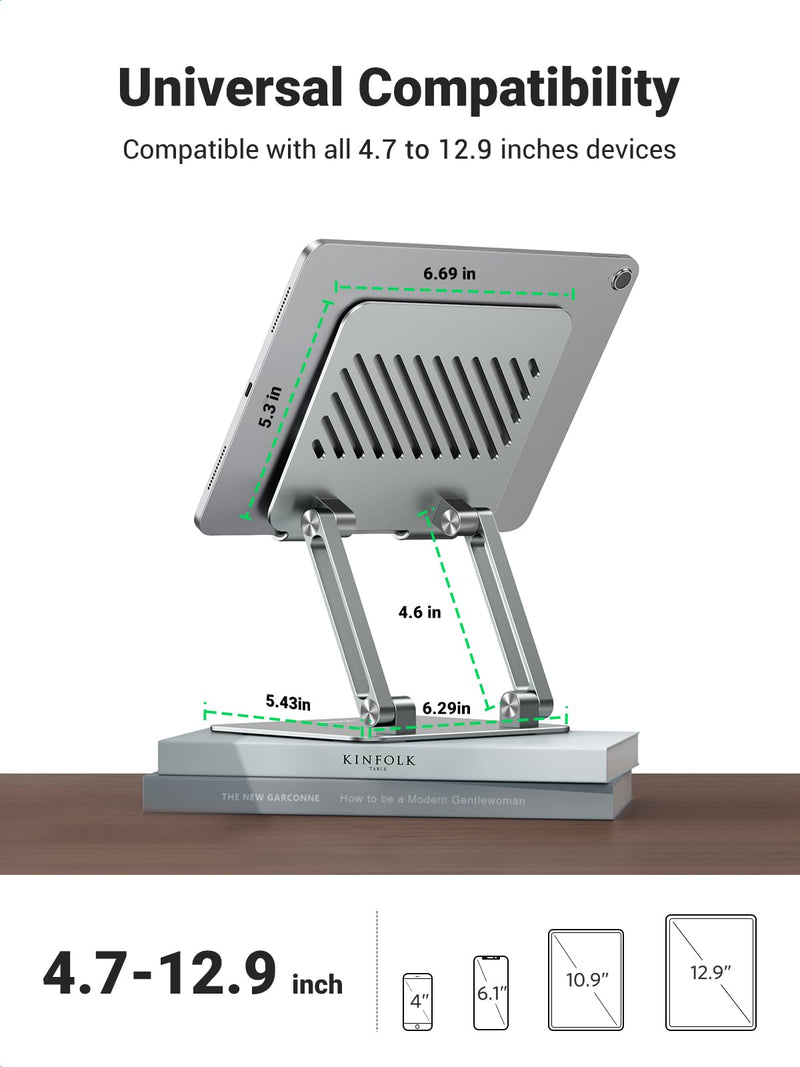 UGREEN Tablet Stand Holder for Desk Dual Rod Support Aluminum Tablet Holder Adjustable Dock Multi-Angle Riser Home Office Accessories Compatible with iPad Pro 12.9, iPad Air Mini 6 5 4 3 2 Silver