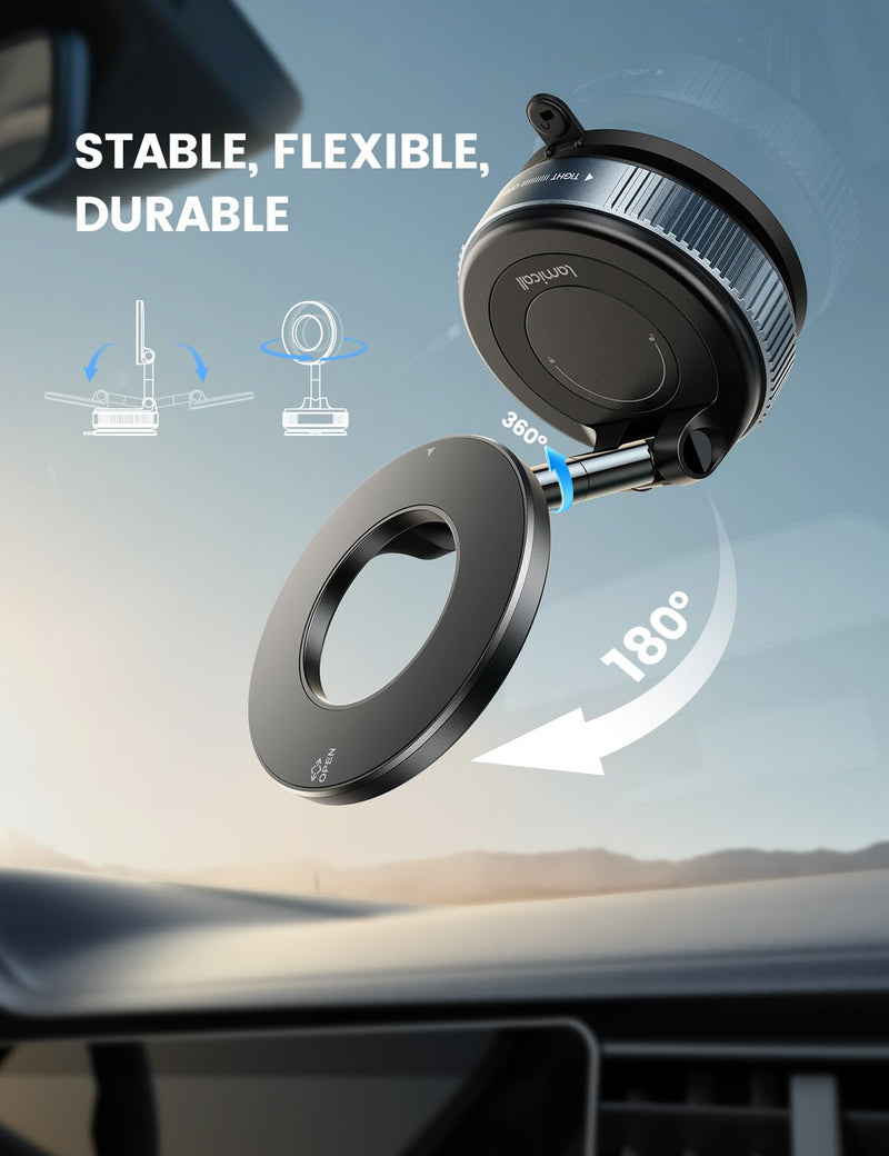 Lamicall for MagSafe Car Mount 70LBS Vacuum Suction Dashboard & Windshield | 20X Magnet Car Phone Holder 360° Foldable Magnetic Phone Holders for Your Car fit iPhone 17 16 15 14 Pro Max Gift Truck Black