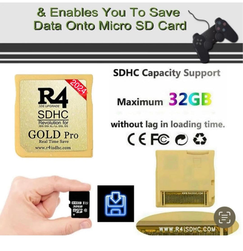 [AUSTRALIA] - R4 SDHC 2024 Gold Adapter with 32 GB Micro SD with YS Menu with 500 in 1 Will Work On DS DSI DSIXL 2DS 2DSXL 3DS 3DSXL 