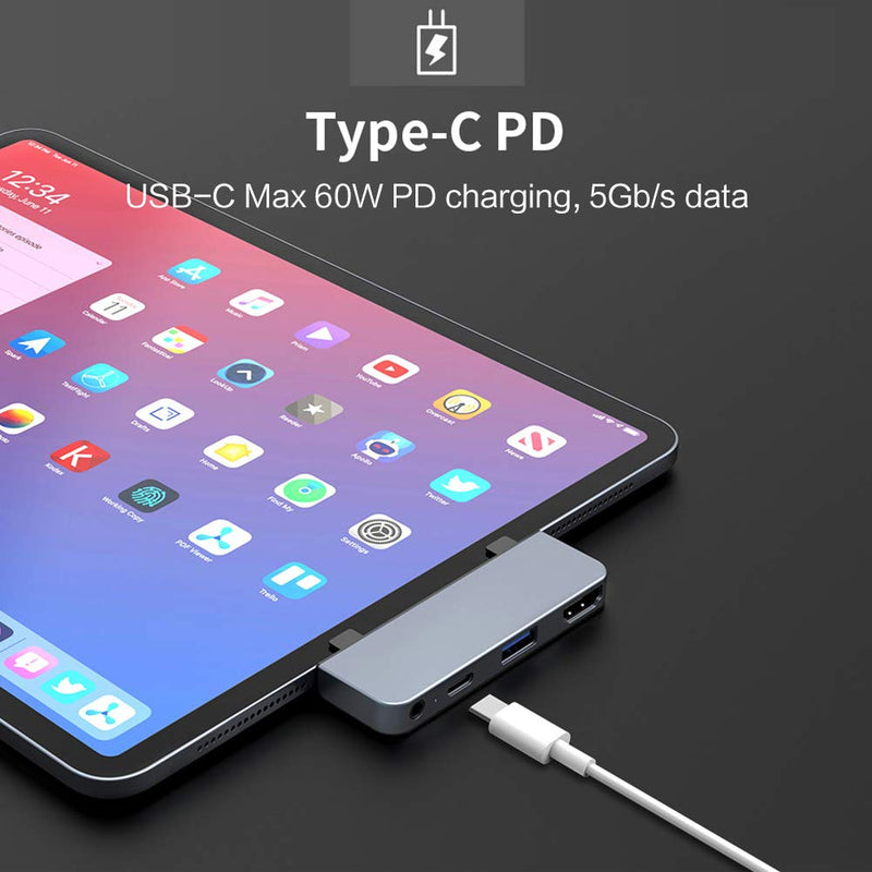 HyperDrive USB C Hub Adapter for iPad Pro 2020 2019 2018 11”/ 12.9", USBC Smartphone/Tablet, 4-in-1 USB-C Hub Dongle with 4K HDMI, C-USB PD Charging, USB 3.0, 3.5mm Headphone Audio Jack -Gray
