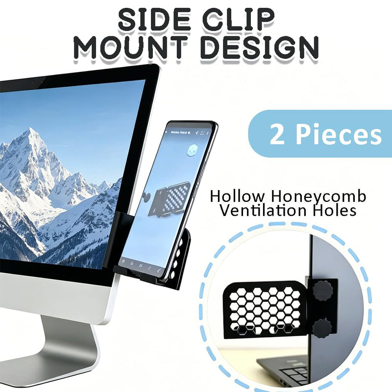 Adjustable Desktop Monitor Laptop Stand, Monitor Expansion Cellphone Bracket Side Mount Clip with Ventilation Hole, Universal Smartphone Holder for Flat Back Computer, 2 Pieces Black + White