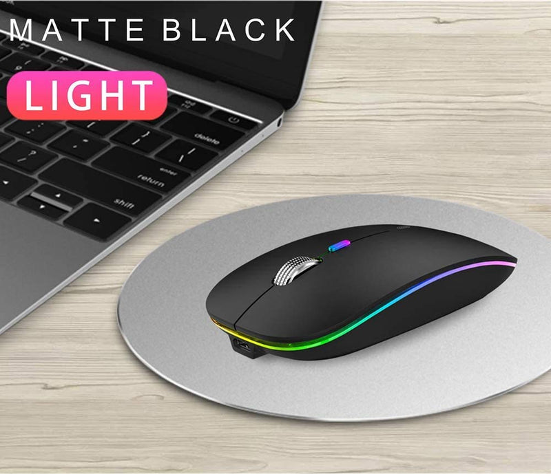 TENMOS Wireless Bluetooth Mouse, LED Slim Dual Mode (Bluetooth 5.1 + USB) 2.4GHz Rechargeable Silent Bluetooth Wireless Mouse with Type C Adapter for Laptop/MacBook/iPad OS 13 and Above (Matte Black) Matte Black