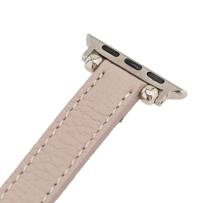 Handmade Slim Leather Watch Band for Apple Watch Series 9 8 7 6 5 4 3 2 1 SE Ultra 2 1 Compatible with 38 40 41 42 44 45 49mm Apple Watch Straps for Women & Men 7-9 Inches, Beige 42 44 45 49mm Beige w/Silver Connector&Clasp 49mm/45mm/44mm/42mm