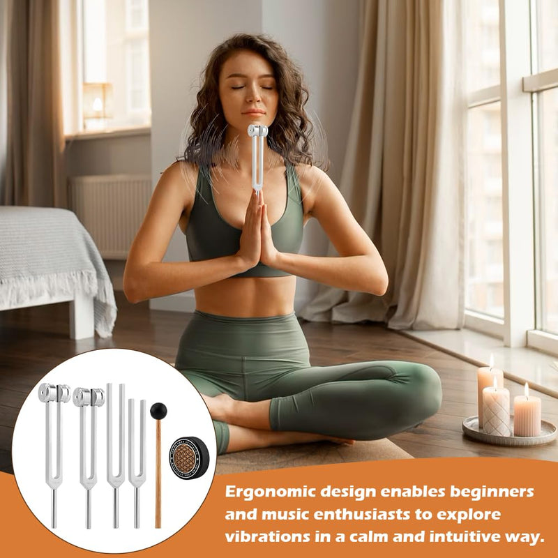 Tuning Forks for Healing Set,‌ Complete Healing Sound Set - 4-Tuning Forks (128Hz, 136.1Hz, 256Hz, 384Hz) + Accessories for Meditation, Yoga & Stress Relief‌