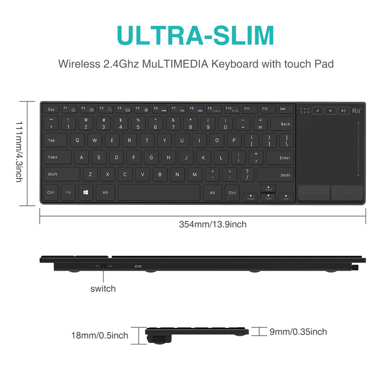 Rii K22 Ultra Slim 2.4 Gigahertz Mini Wireless Multimedia Keyboard with Touchpad for PC and Laptop