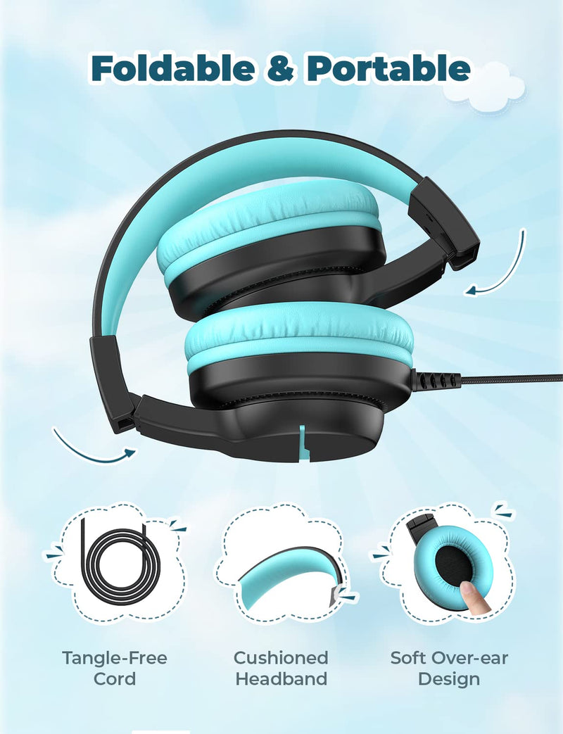 iClever HS19 Kids Headphones with Microphone for School, Volume Limiter 85/94dB, Over-Ear Girls Boys Headphones for Kids with Shareport, Foldable Wired Headphones for iPad/Travel (Black) Black