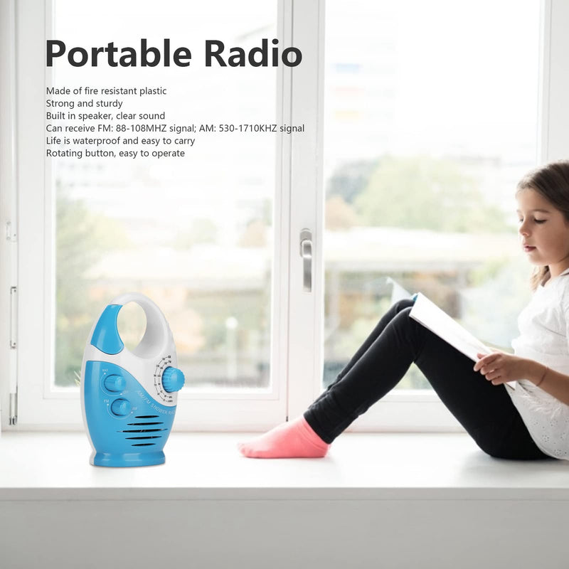 Waterproof Shower Radio, AM/FM Radio with Adjustable Volume Speakers, Battery Powered Portable Speakers with Hook Handle for Shower Rooms Bedside Tables Garages Blue