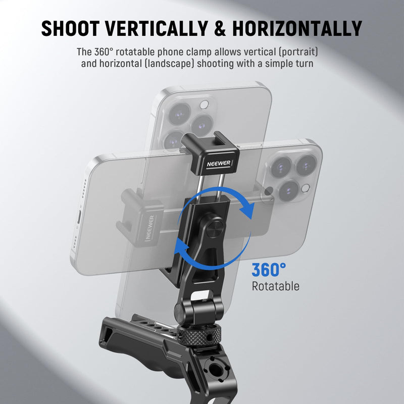 [AUSTRALIA] - Neewer Metal Phone Tripod Mount with Cold Shoes, 1/4" Thread, 180° Tilt, 360° Rotation, Adjustable Phone Clamp Metal Phone Holder Compatible with iPhone 16 15 Pro Max S24 Ultra Camera Cage, GA010 