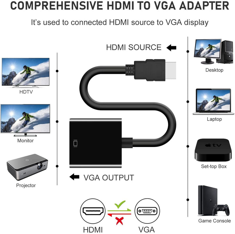 HDMI to VGA Adapter 10 Pack, Gold-Plated HDMI to VGA Converter (Male to Female), Compatible for Computer, Laptop, PC, Monitor, Projector, HDTV, Chromebook, Raspberry Pi, Roku, Xbox and More