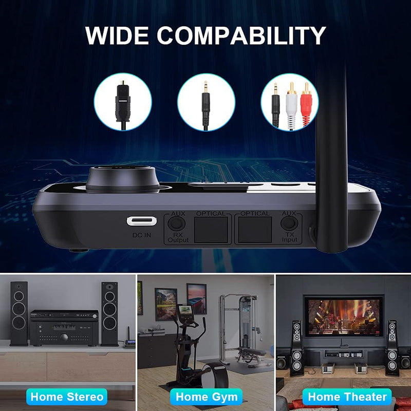 [AUSTRALIA] - Bluetooth Transmitter Receiver 3-in-1 Bluetooth 5.0 Audio Adapter for 2 Headphones with Bypass Volume Control ON/Off Switch LCD Display 3.5mm Aux/Optical/RCA for Home Stereo TV Speaker PC All Black 