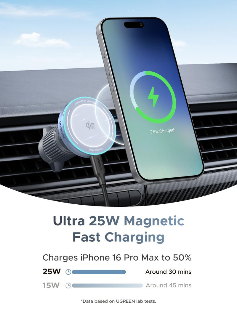 UGREEN MagFlow 25W Qi2.2 MagSafe Compatible Wireless Car Charger Mount | Air Vent Clip and Fast Power, 360°Adjustable Car Phone Holder for iPhone 17-12 Series and More, Includes USB-C Cable