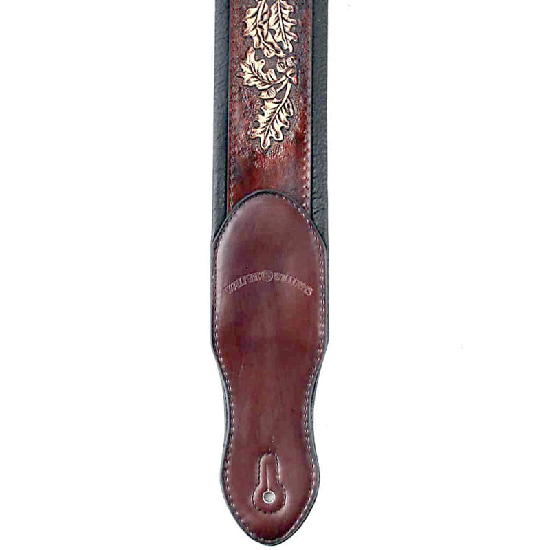Walker & Williams KB-03-BRN Walnut Brown Full Grain Center Block Carving Leather Padded Guitar Strap With American Eagle & Oak Leaves For Acoustic, Electric, And Bass Guitars