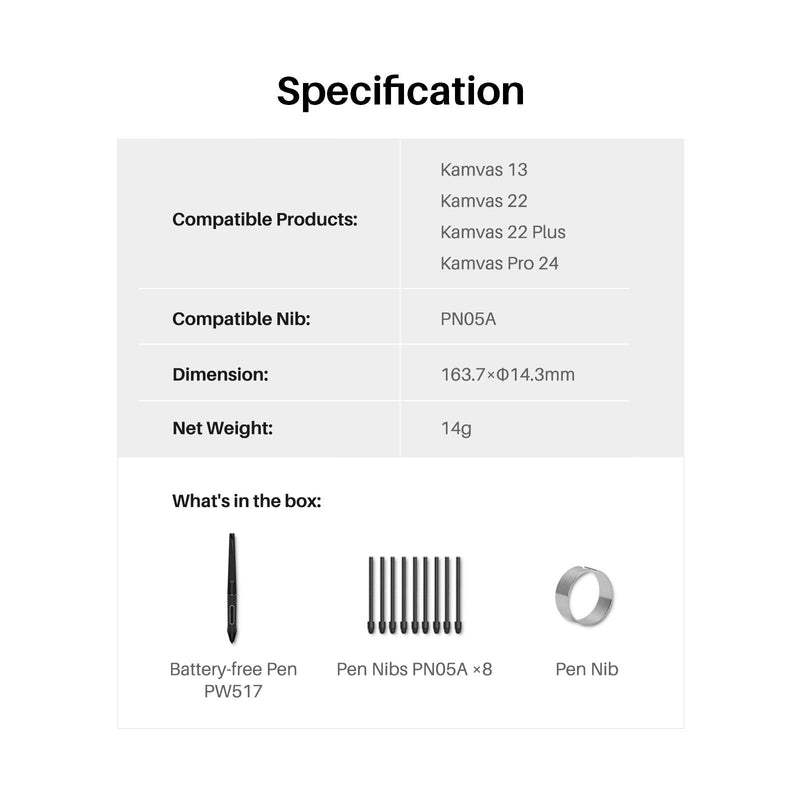 HUION Battery-Free Stylus Digital Pen PW517 for Kamvas 13, Kamvas Pro 24 (4K), Kamvas 22 Plus, Kamvas Pro 16 (2.5K), Kamvas 12, Kamvas 16(2021), KD200, G930L