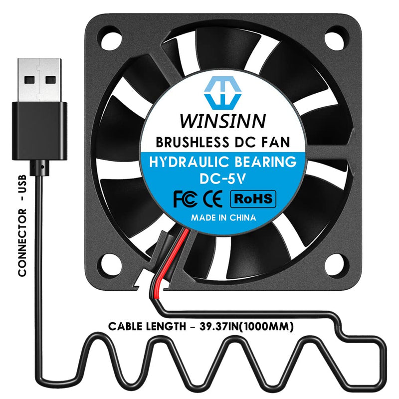 WINSINN 40mm Tiny Cooling USB Fan 5V, Micro Mini USB 5 Volt Fans 4010 Hydraulic Bearing, 1000mm/39in Cable Brushless Cooling 40mmx10mm (Pack of 4Pcs) DC 5V - 39in(1000mm) - USB
