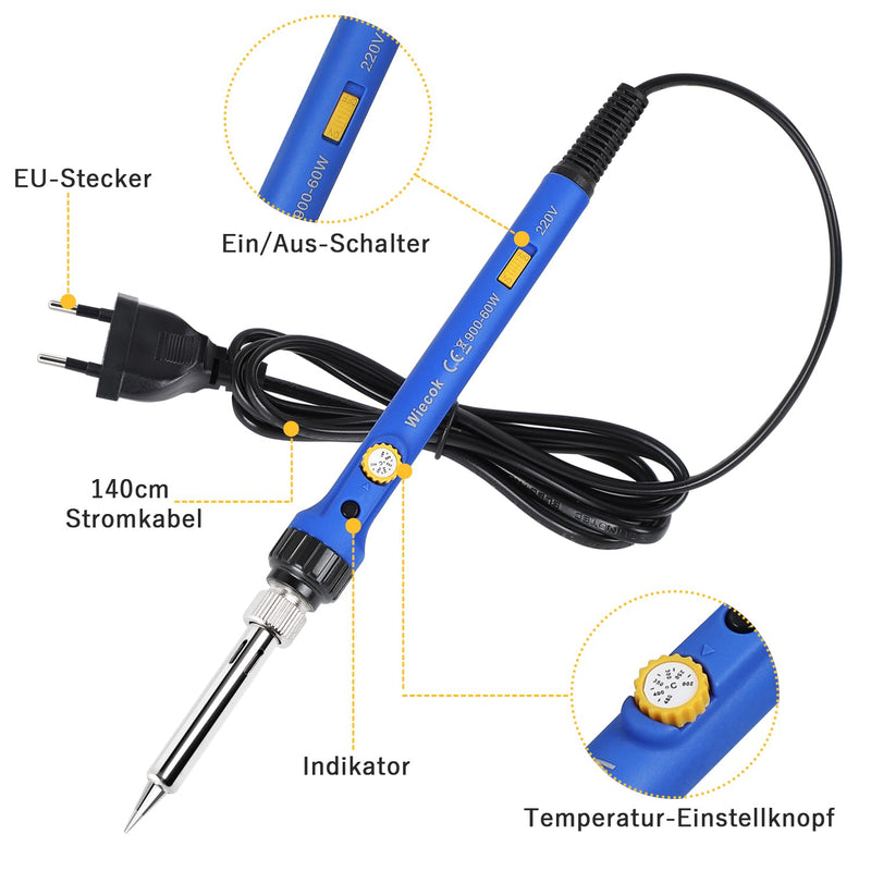 [AUSTRALIA] - Soldering Iron 60 W, Soldering Iron Set with Solder, Temperature Adjustable 220-480 °C, On/Off Switch, 30 g Soldering Wire, 5 Soldering Tips, Soldering Iron Set for Electrical Engineering Repairs Blue- 1 