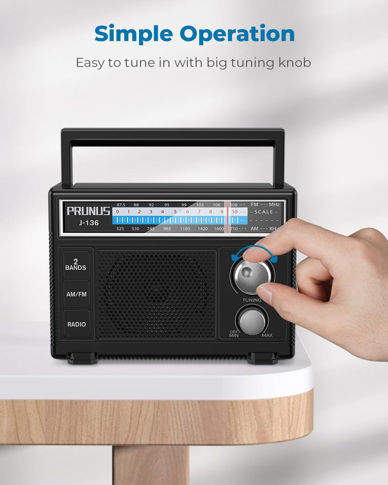 PRUNUS J-136 Portable AM FM Radio with Best Reception,D Battery Operated or Plug in Wall, Transistor Radio,Loud Speaker Support AUX in and Micphone in, Small Radios Portable AM FM, No