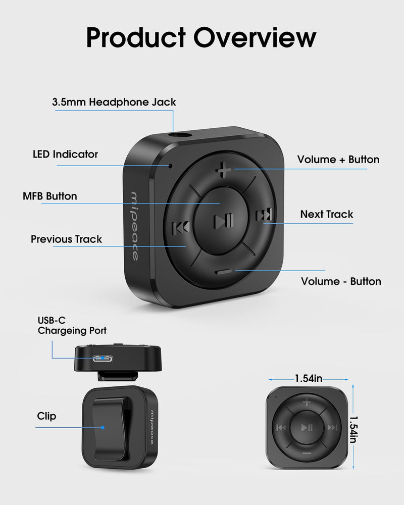 [AUSTRALIA] - MIPEACE Bluetooth 5.3 Audio Receiver for Wired Headphones, Car & Speakers, Bluetooth Headphone Adapter with Built-in Mic, Clip-On & Pass-Through Charging-BK Black 