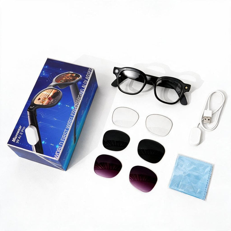 2026 New AI Smart Glasses with 13MP Camera, Wireless Charging, AI Voice Assistant, Real-Time Translation, Open-Ear Speakers for Audio, Bluetooth Video Recording Glasses for Work, Travel, 3 Lenses Black 32 GB