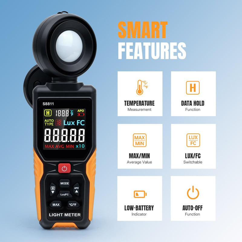 [AUSTRALIA] - Mcbazel Digital Light Meter with HD Color Screen, 270° Rotatable Head & Fast 8X/s Sampling – High-Precision Illuminance Meter (200,000 Lux/FC) for LED Grow Lights, Plants, Photography & Lumen Testing 