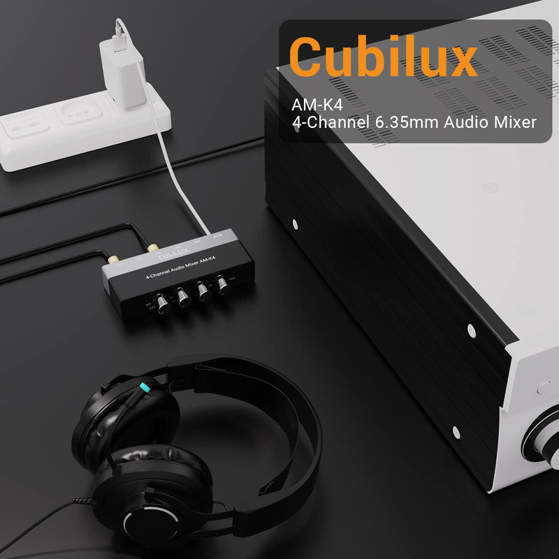 Cubilux AM-K4 6.35mm Stereo Audio Mixer, Ultra-Low Noise 4-Channel 1/4 AUX Mixer, USB C Powered Quarter Inch Mixer with Volume Control