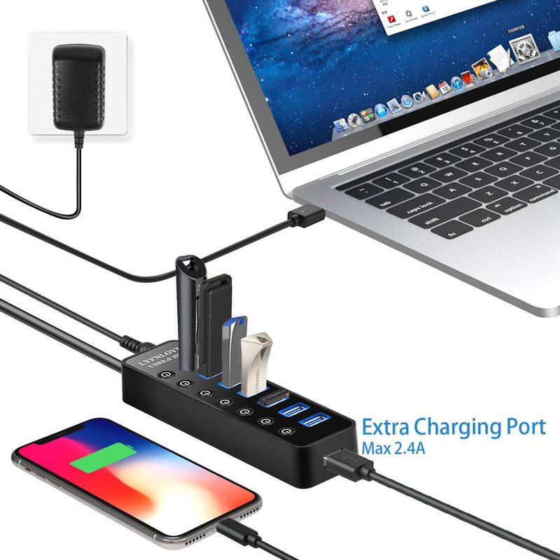 USB Hub 3.0 Powered, LYFNLOVE USB Extender 7-Port Data USB Hub with Power Adapter and 1 Smart Charging Port, USB Splitter with On/Off Switches for MacBook, Mac Pro/Mini, iMac, Surface Pro Laptop/PC