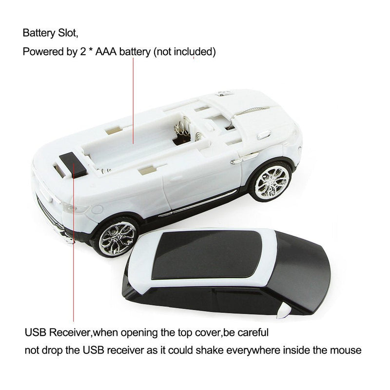 3C Light Car Mouse Wireless 2.4GHz Cool Sport SUV Car Shape Mouse Optical Mice 1600 DPI with USB Receiver Suitable for PC/Computer/Laptop (White)